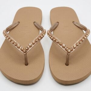 Women's Rhinestone-Embellished Taupe Flip Flop Sandals